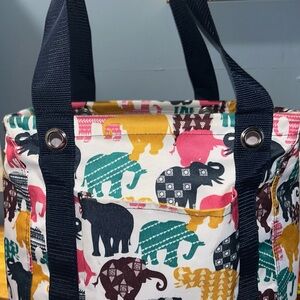 Colorful Elephant Print Canvas Tote Bag with Navy Straps